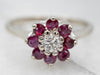Floral Ruby and Diamond Cluster Halo Ring