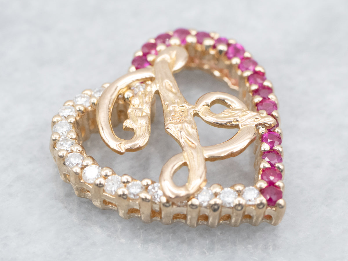 Sweet L Initial Diamond and Ruby Heart Pendant