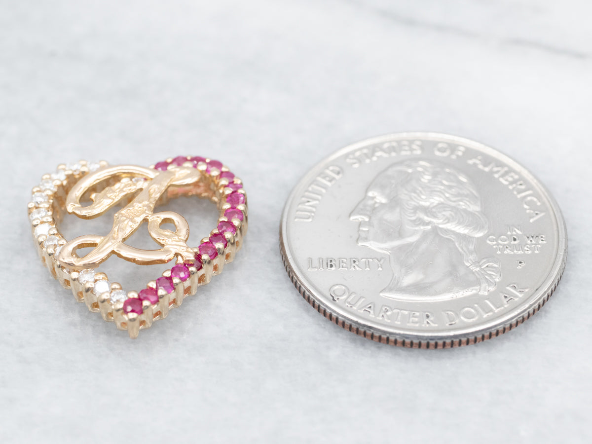 Sweet L Initial Diamond and Ruby Heart Pendant