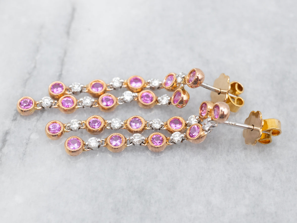 Tri Color Pink Sapphire and Diamond Drop Earrings