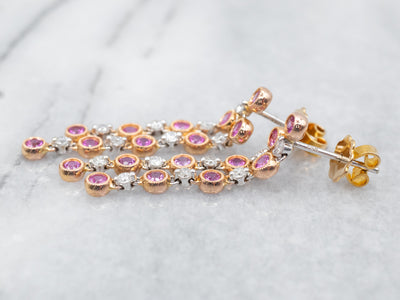 Tri Color Pink Sapphire and Diamond Drop Earrings