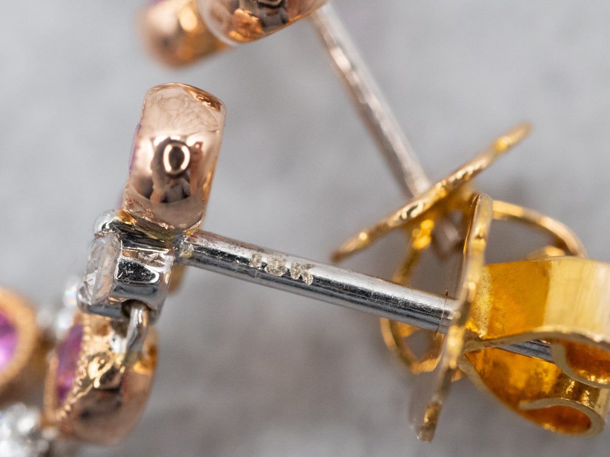 Tri Color Pink Sapphire and Diamond Drop Earrings