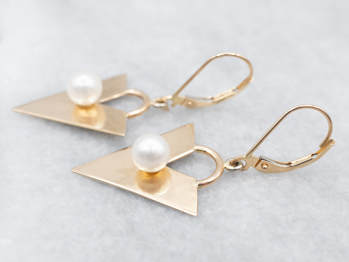 Yellow Gold Pearl V Drop Earrings