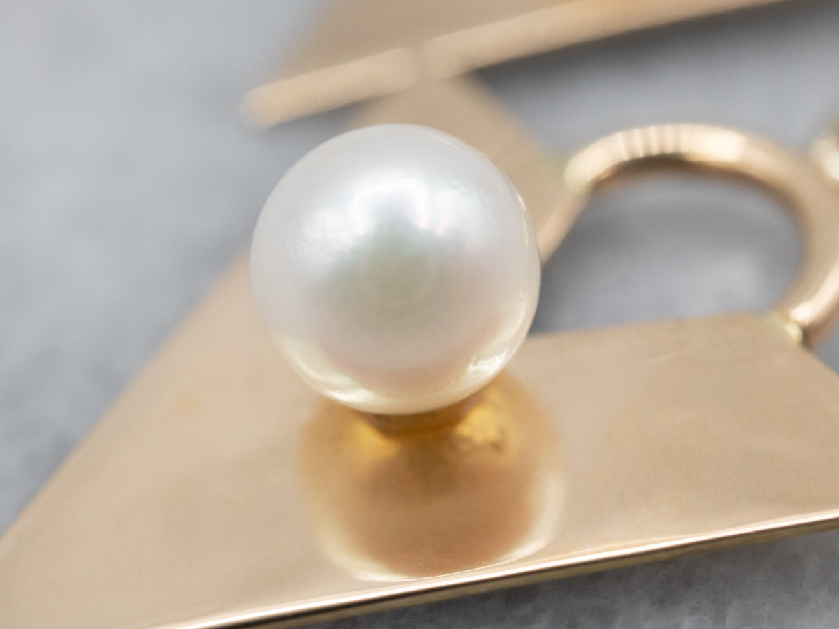 Yellow Gold Pearl V Drop Earrings