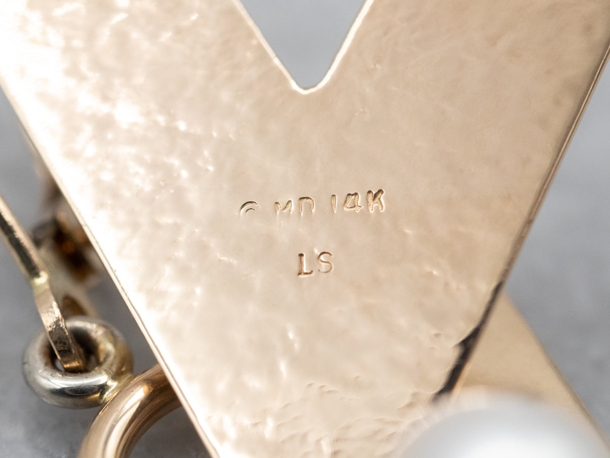 Yellow Gold Pearl V Drop Earrings