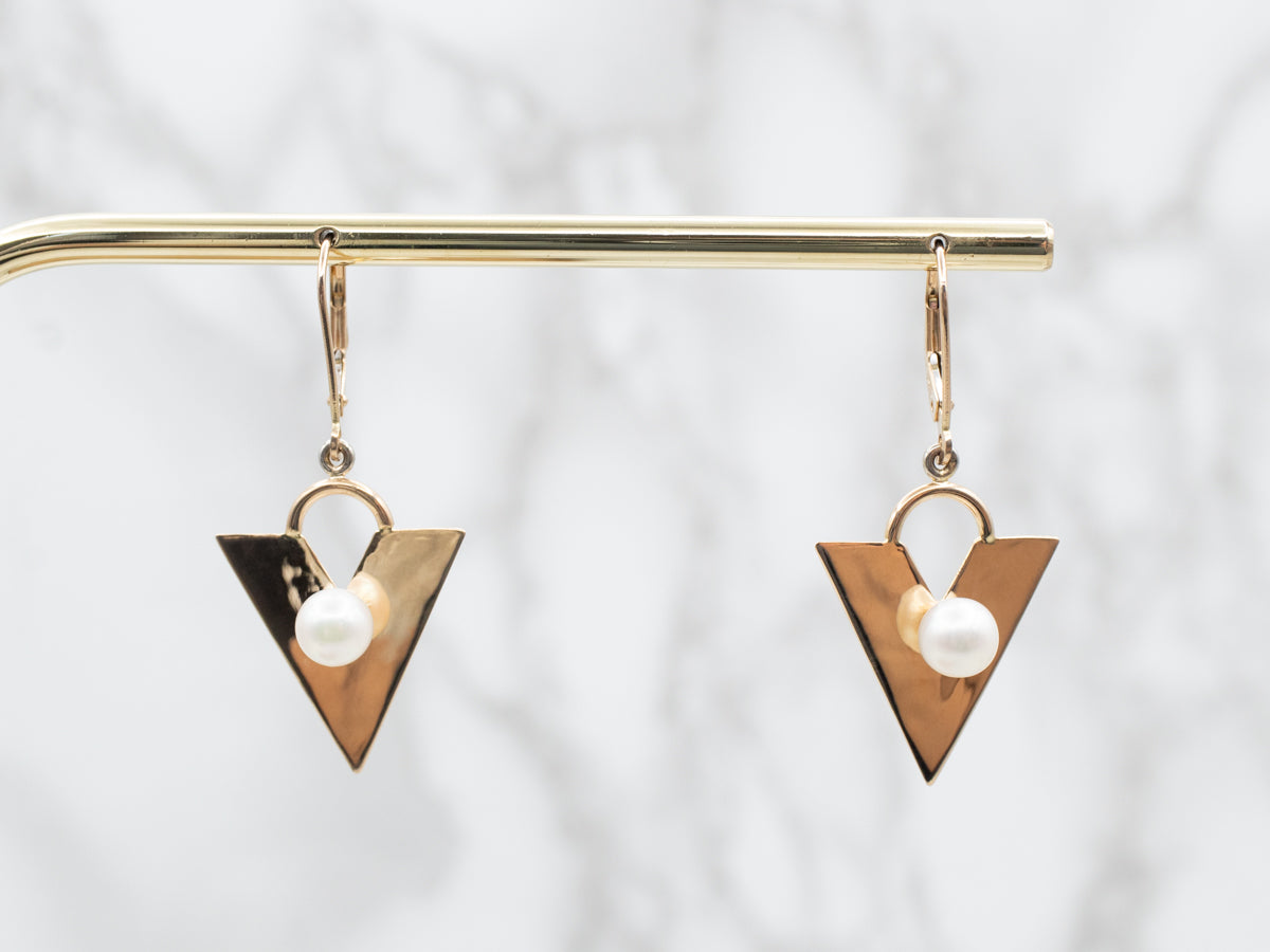 Yellow Gold Pearl V Drop Earrings