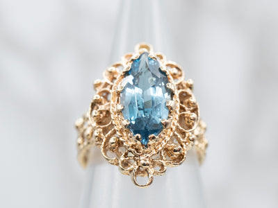 Gold Halo Blue Topaz Filigree Ring