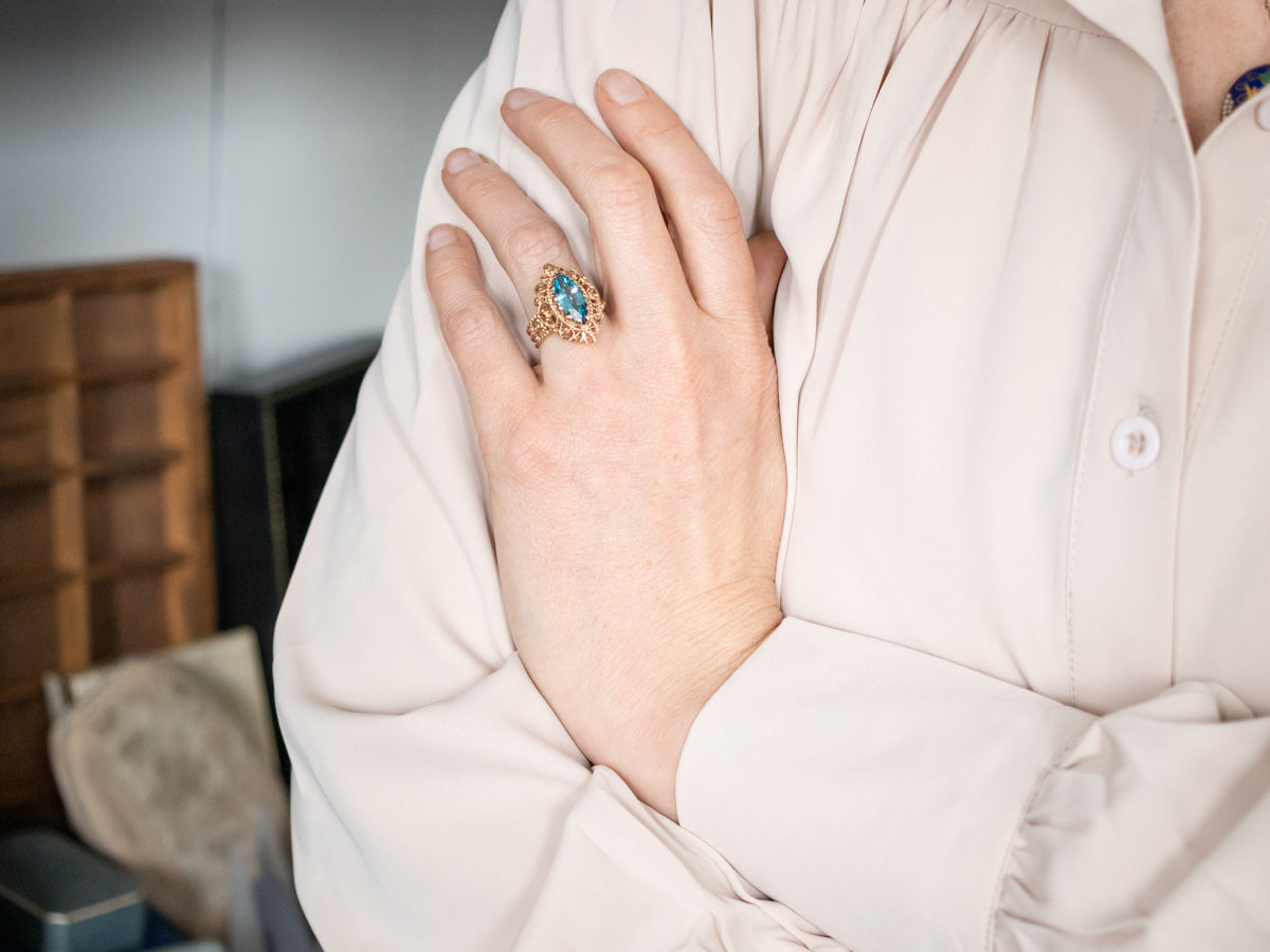 Gold Halo Blue Topaz Filigree Ring