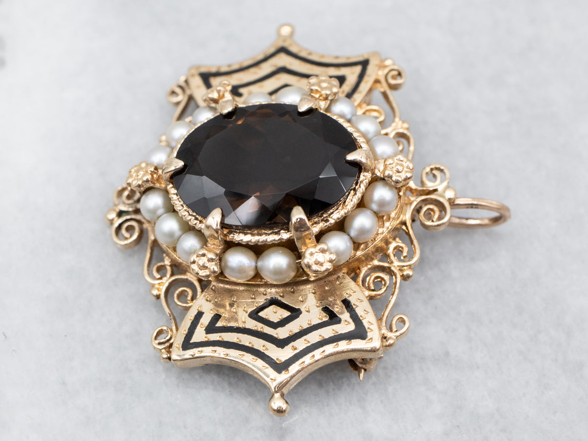 Smoky Quartz and Seed Pearl Brooch or Pendant