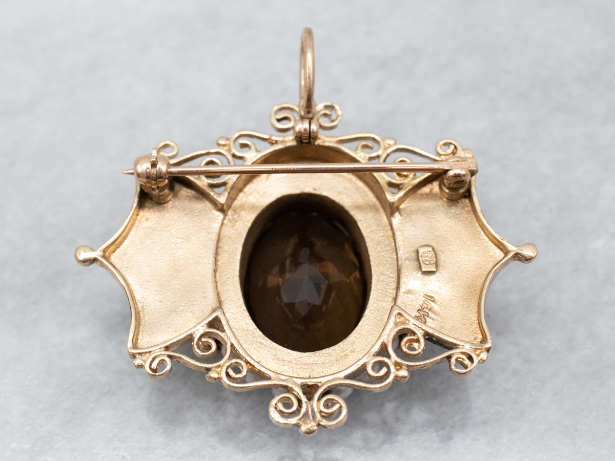 Smoky Quartz and Seed Pearl Brooch or Pendant