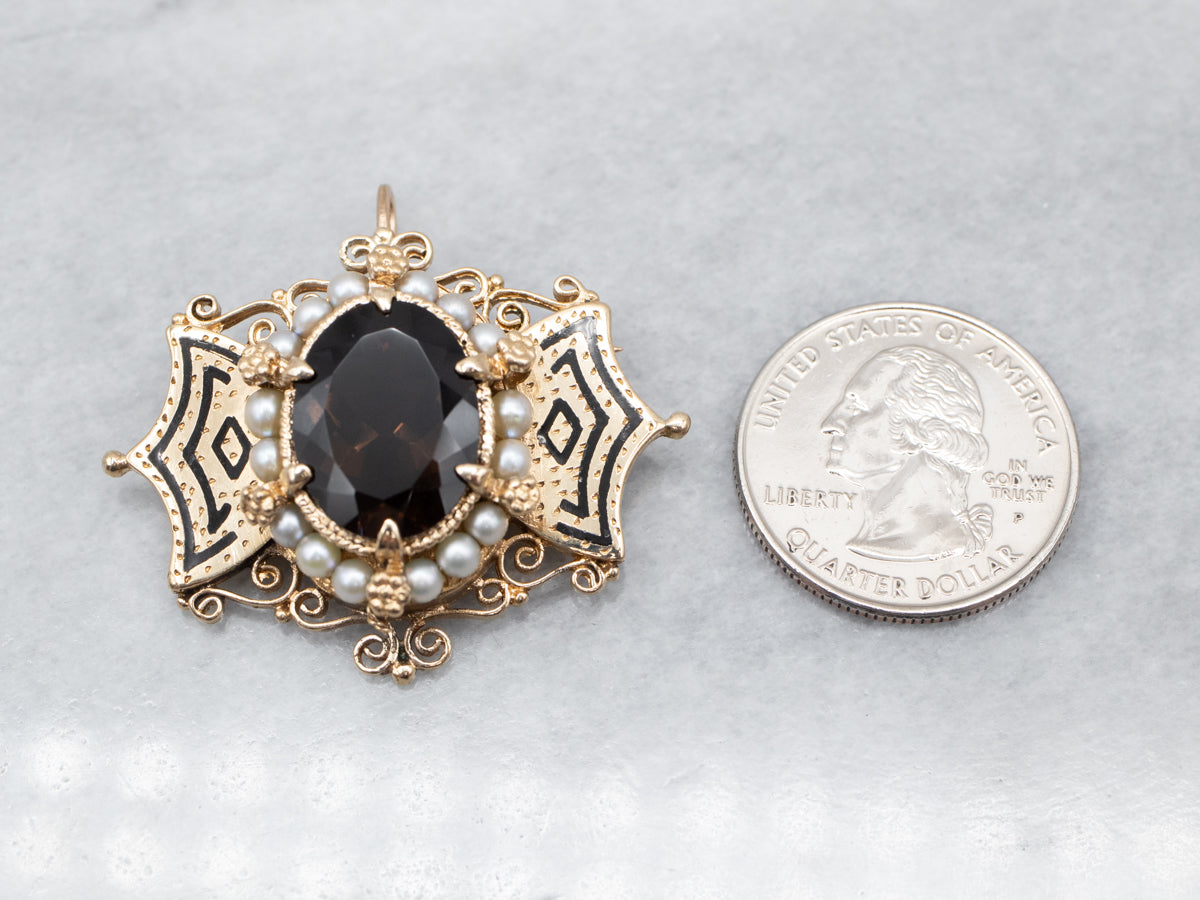 Smoky Quartz and Seed Pearl Brooch or Pendant