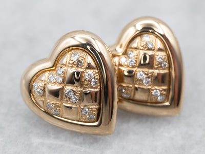 Twinkling Yellow Gold Heart Stud Earrings with Diamonds
