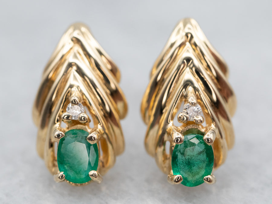 Vibrant Emerald Stud Earrings with Diamond Accents