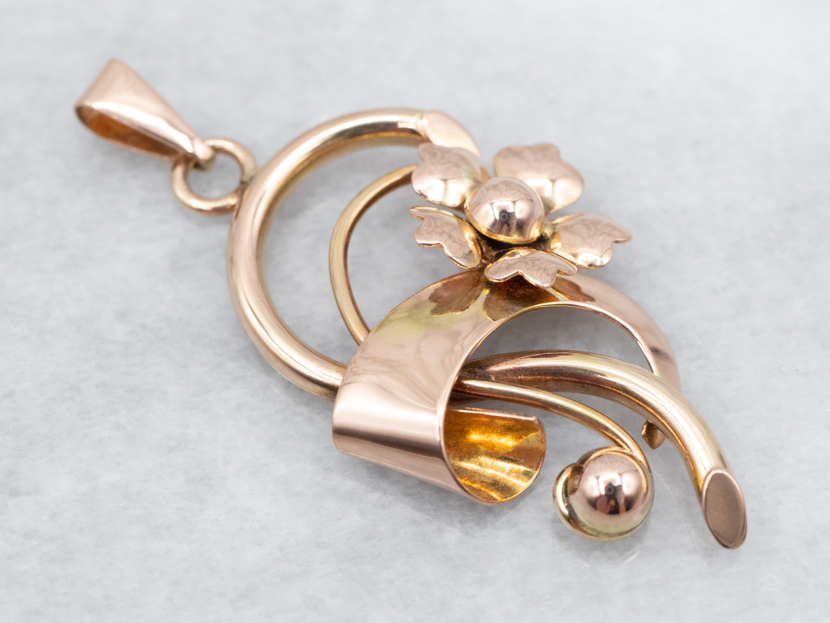 Scrolling Mid-Century Gold Flower Pendant