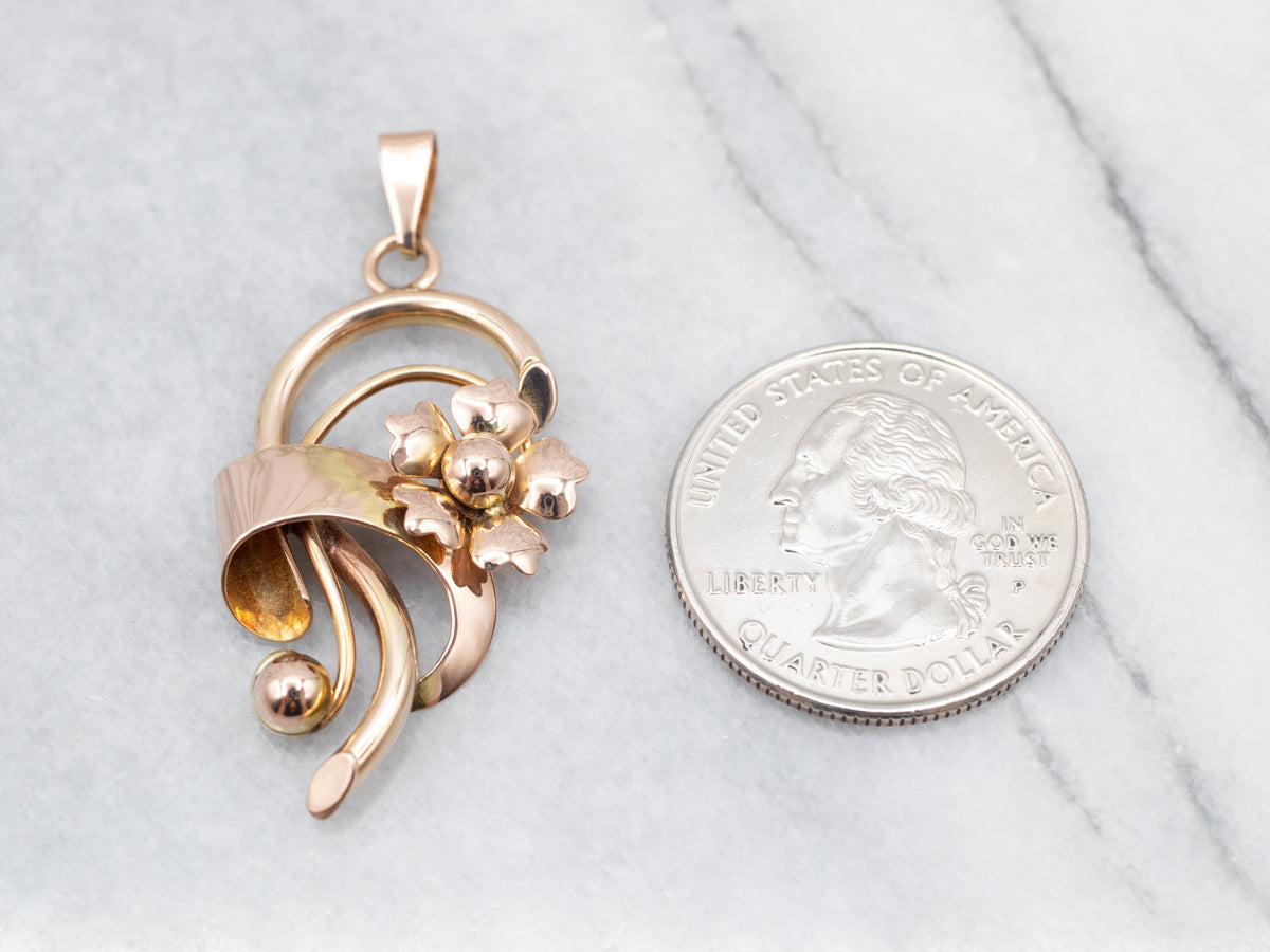 Scrolling Mid-Century Gold Flower Pendant
