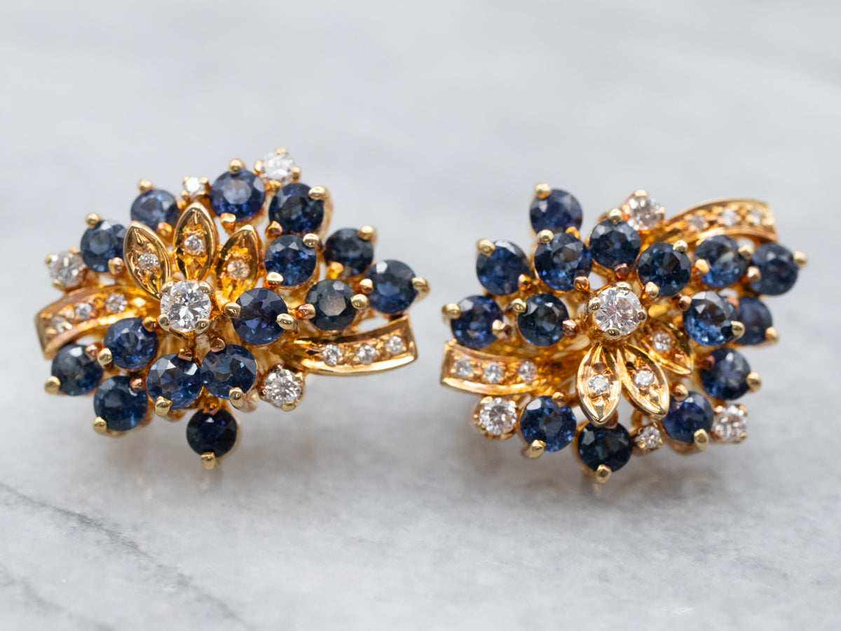 Vintage Diamond Sapphire and Gold Cluster Earrings