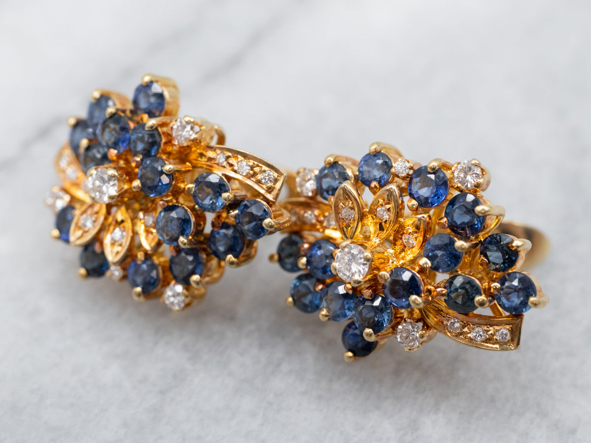 Vintage Diamond Sapphire and Gold Cluster Earrings