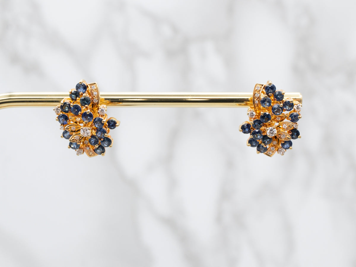 Vintage Diamond Sapphire and Gold Cluster Earrings