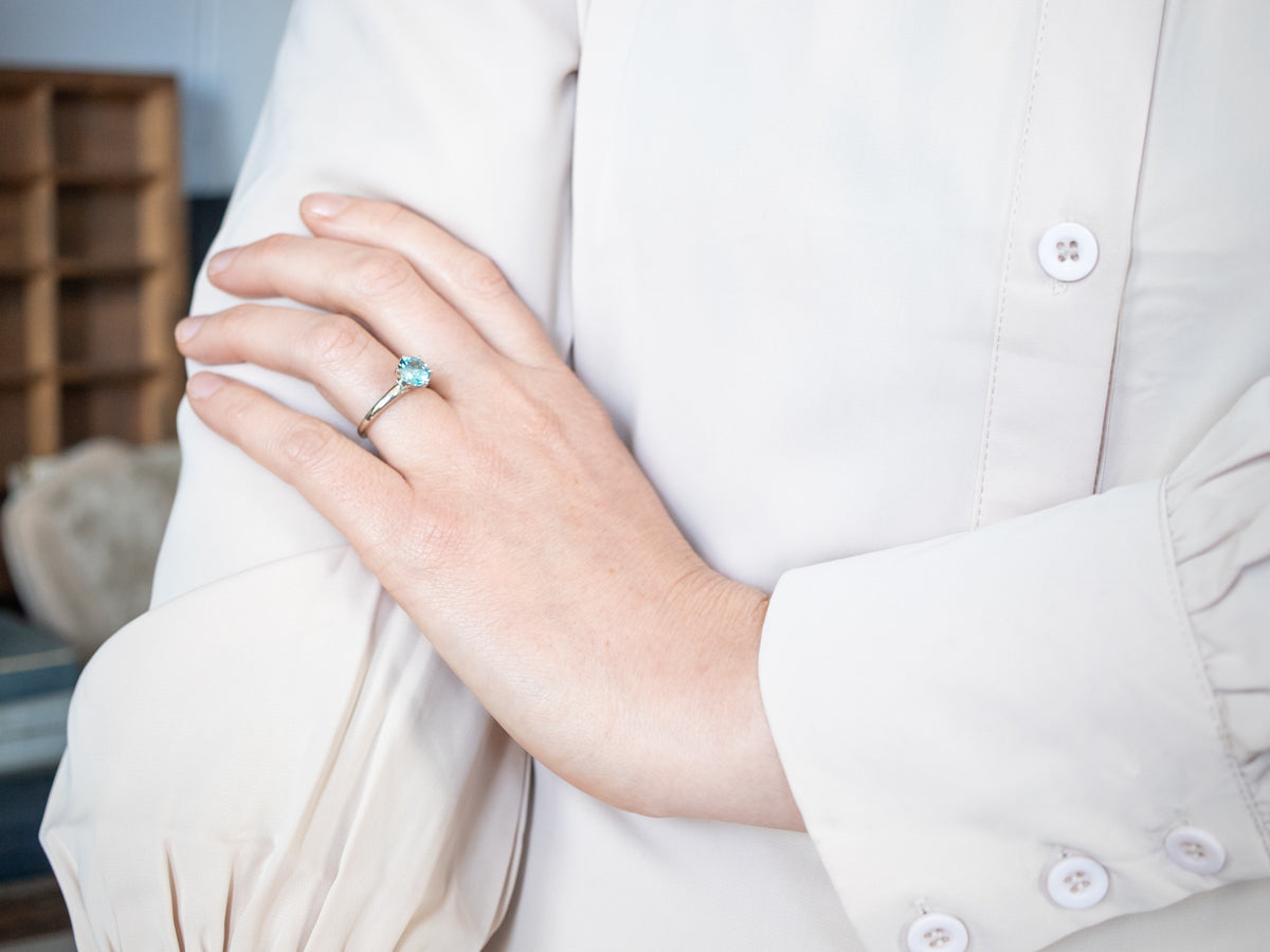 Stylish White Gold Blue Zircon Solitaire Ring