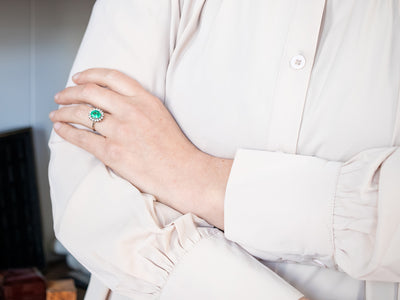 Bright White Gold Emerald Diamond Halo Ring