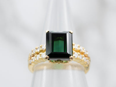 Stylish Green Tourmaline Ring with Double Row Diamond Accents