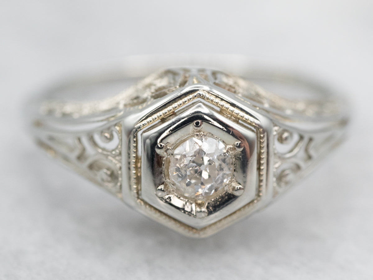 Art Deco Old Mine Cut Diamond Solitaire Engagement Ring