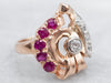 Retro Old Mine Cut Diamond and Ruby Cocktail Ring