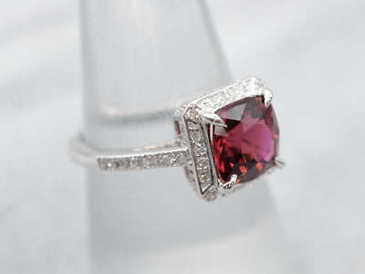 Bright Pink Tourmaline Diamond Halo Ring
