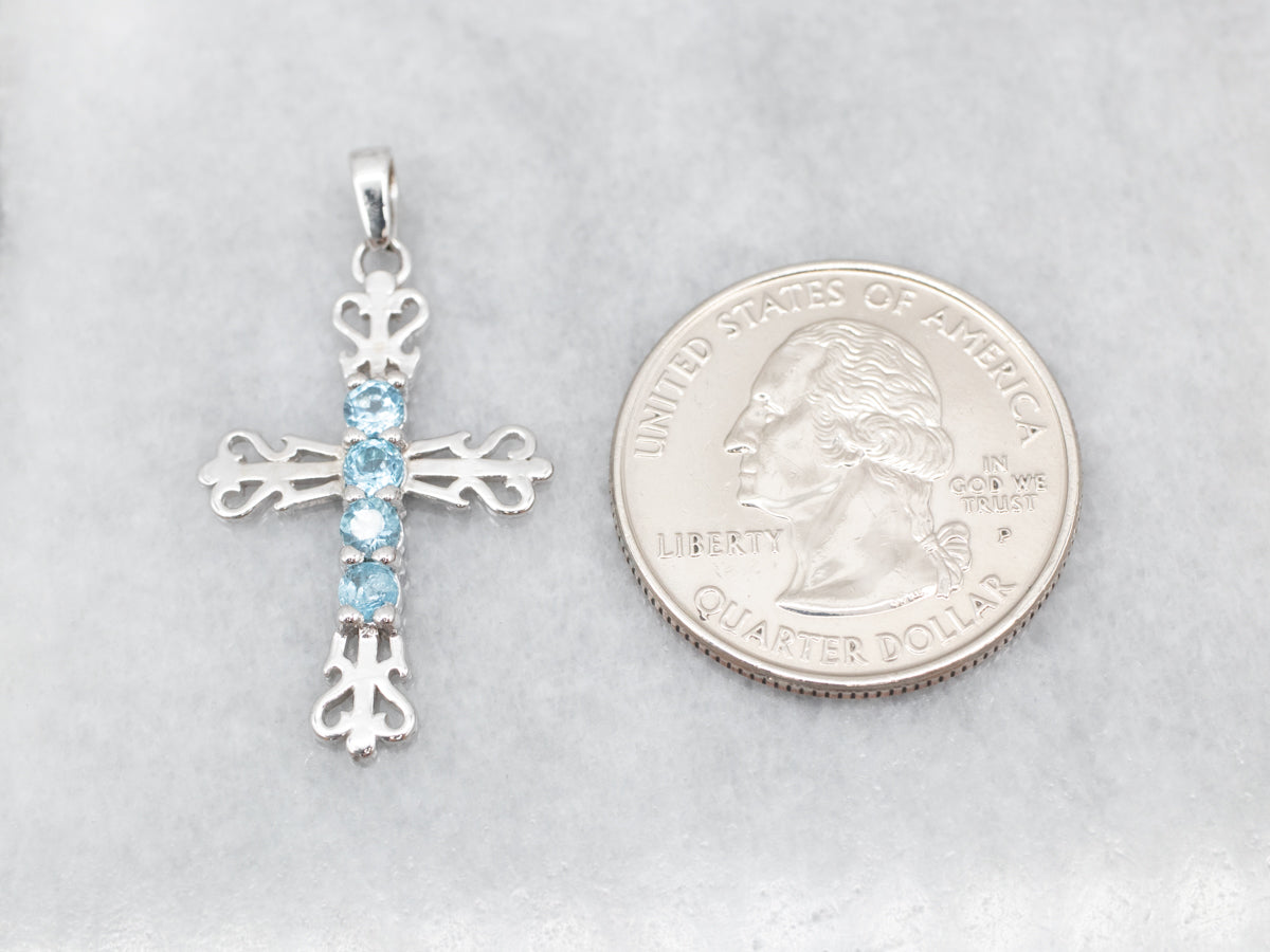White Gold Blue Topaz Gemstone Cross