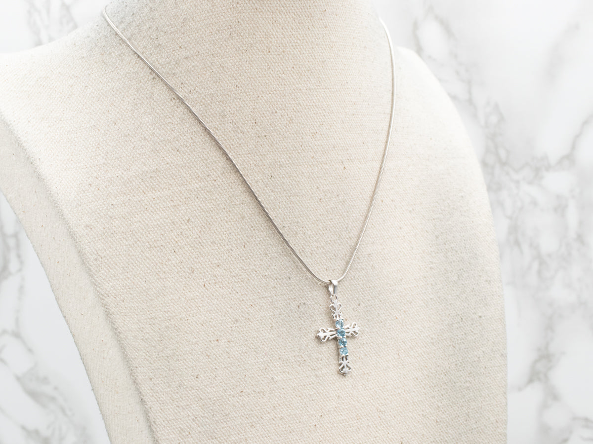 White Gold Blue Topaz Gemstone Cross