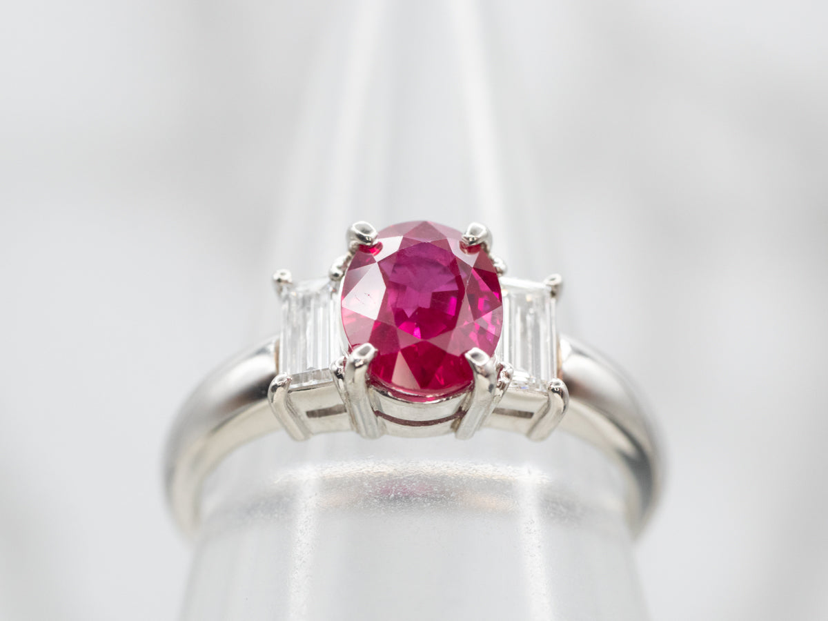 Vibrant Platinum Ruby and Emerald Cut Diamond Ring