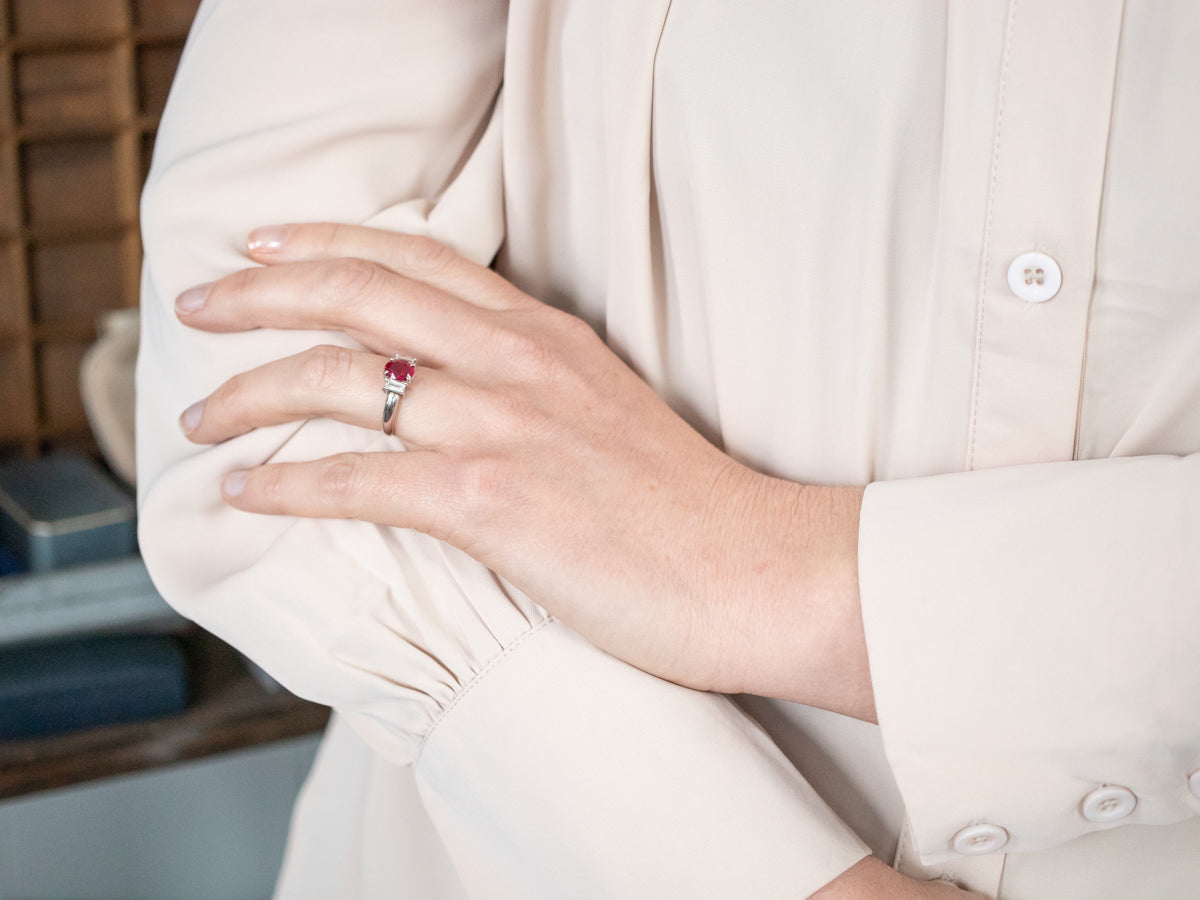 Vibrant Platinum Ruby and Emerald Cut Diamond Ring