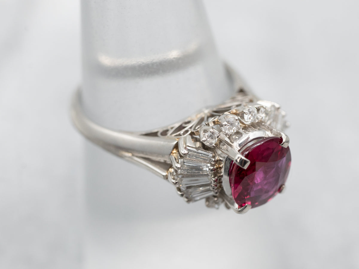 Vibrant Platinum Ruby Diamond Halo Ring
