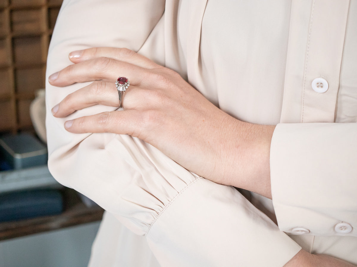 Vibrant Platinum Ruby Diamond Halo Ring