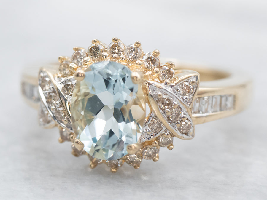 Modern Gold Aquamarine and Diamond Halo Ring