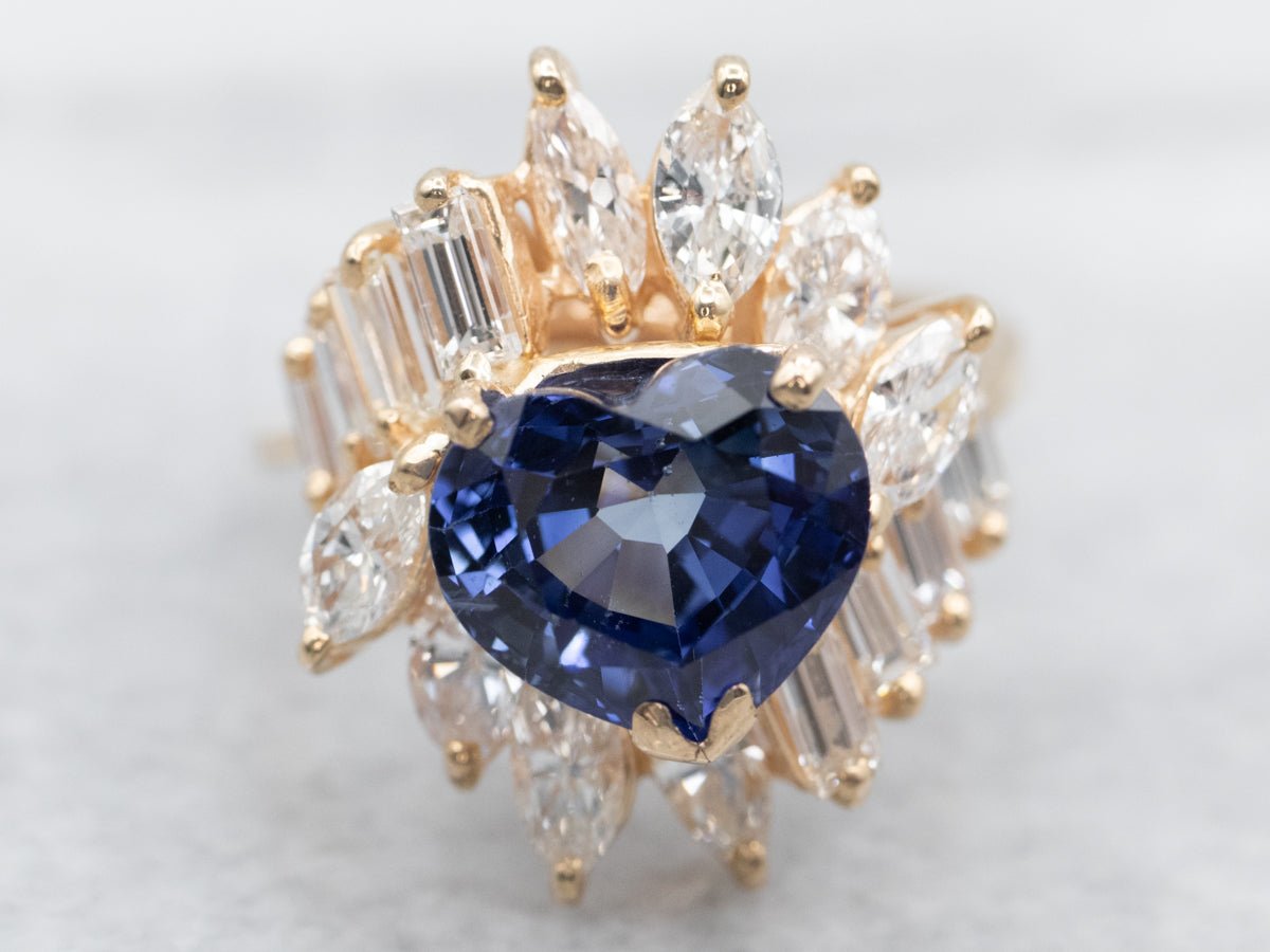 Heart-Cut Sapphire and Diamond Cluster Ring