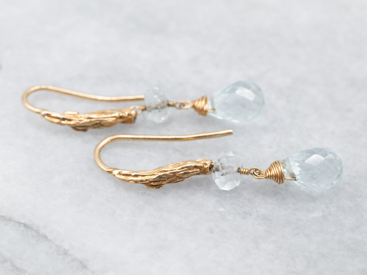 Pretty Yellow Gold Briolette Aquamarine Drop Earrings