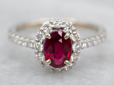 Modern Ruby and Diamond Halo Engagement Ring