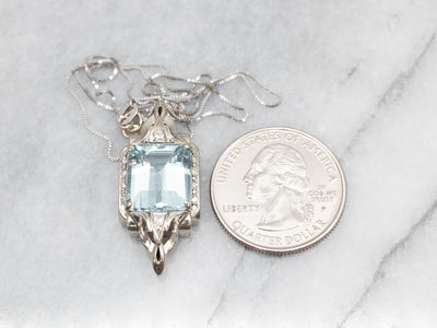 Gorgeous White Gold Aquamarine Pendant with Diamond Accents and Box Chain