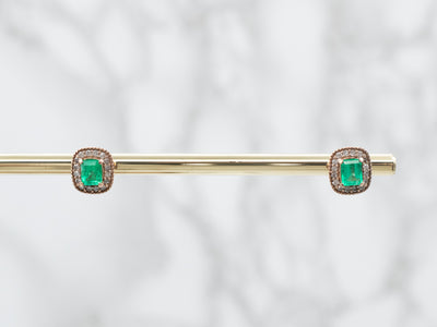 Rose Gold Emerald and Diamond Halo Stud Earrings