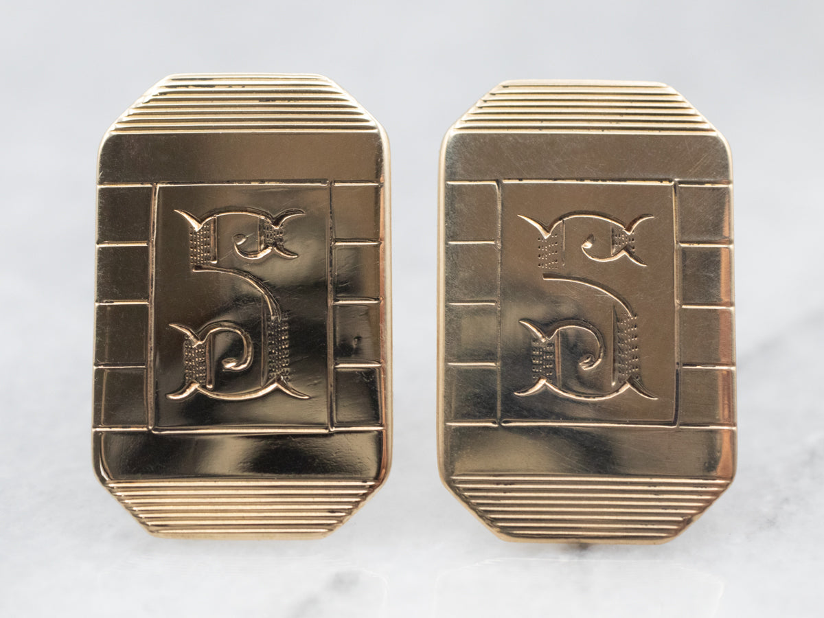Artistic Yellow Gold "S" Monogrammed Cufflink Stud Earrings