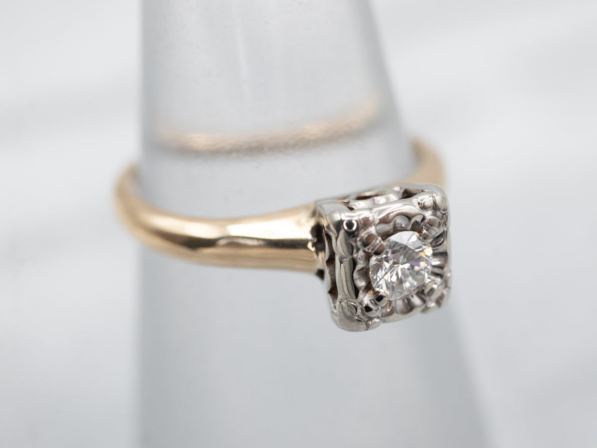 Retro Two Tone Diamond Solitaire Engagement Ring