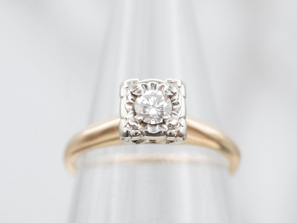Retro Two Tone Diamond Solitaire Engagement Ring