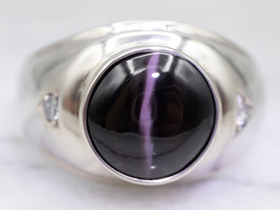 White Gold Cat's Eye Sillimanite Ring with Diamond Accents