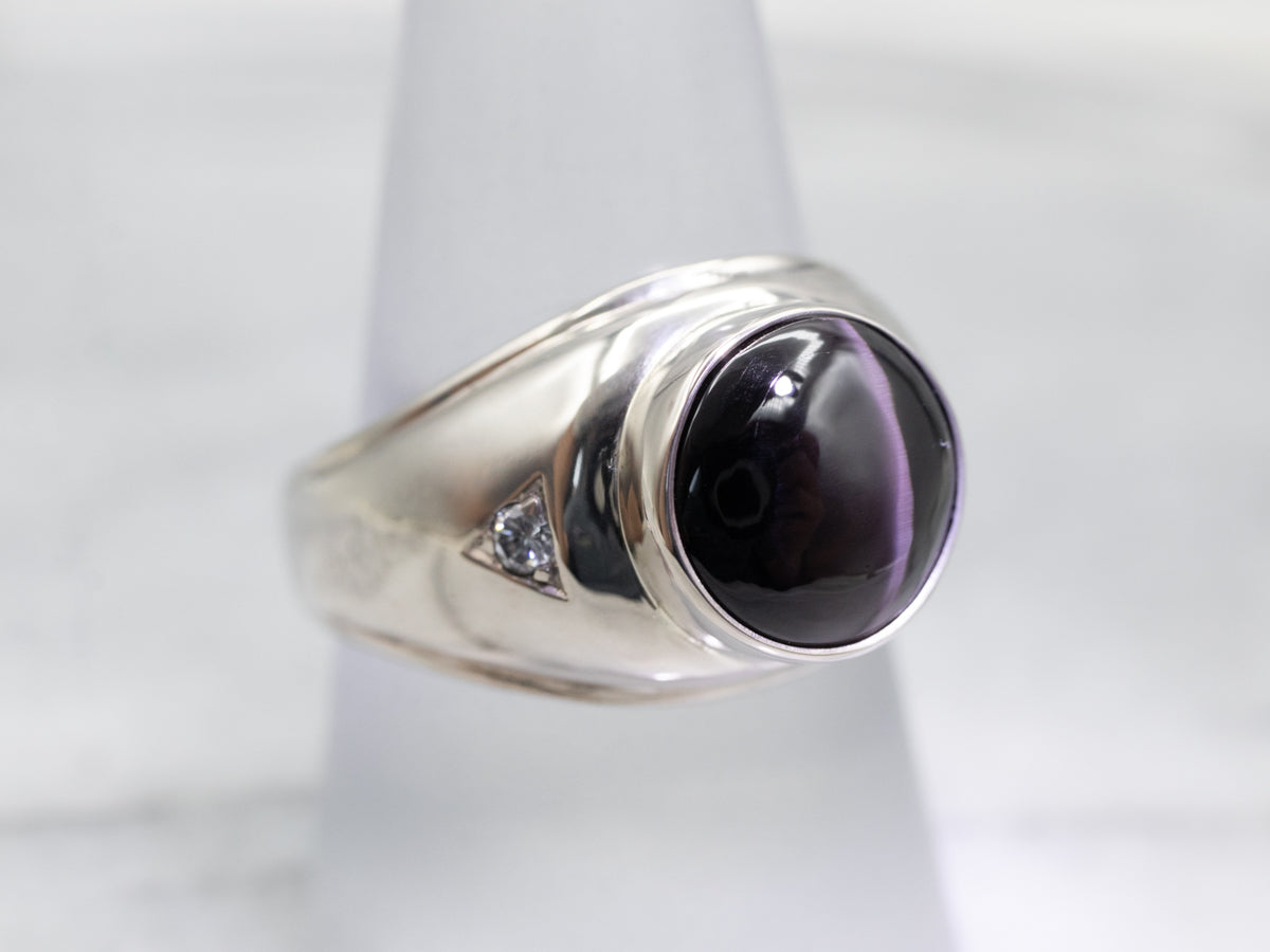 White Gold Cat's Eye Sillimanite Ring with Diamond Accents