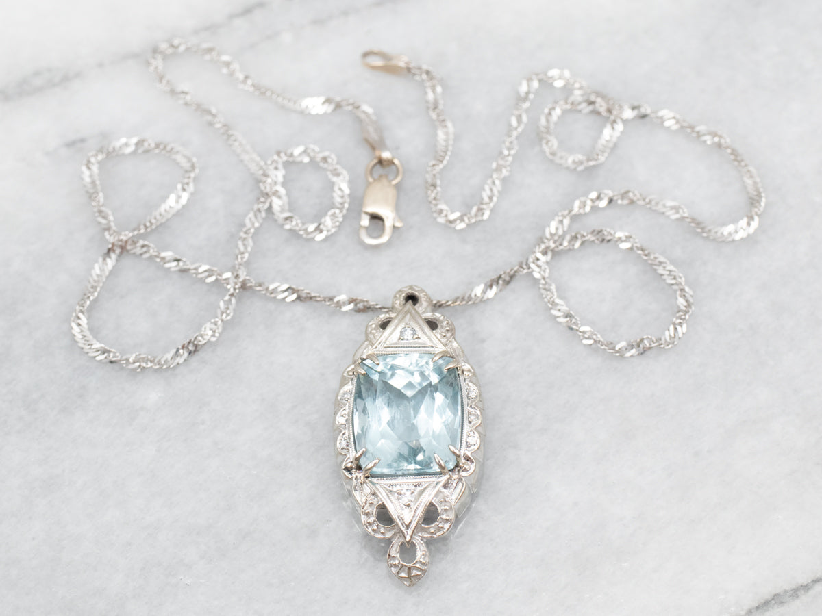 Retro Blue Topaz and Diamond Pendant Necklace