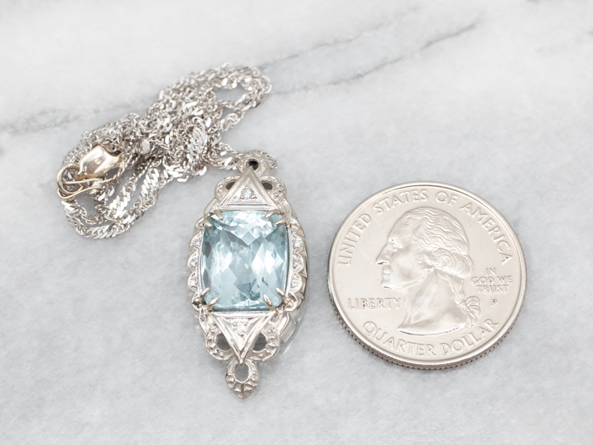 Retro Blue Topaz and Diamond Pendant Necklace
