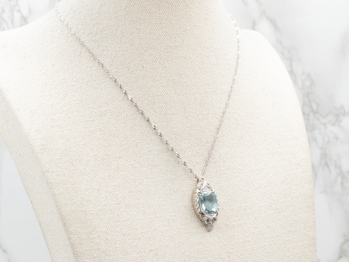 Retro Blue Topaz and Diamond Pendant Necklace