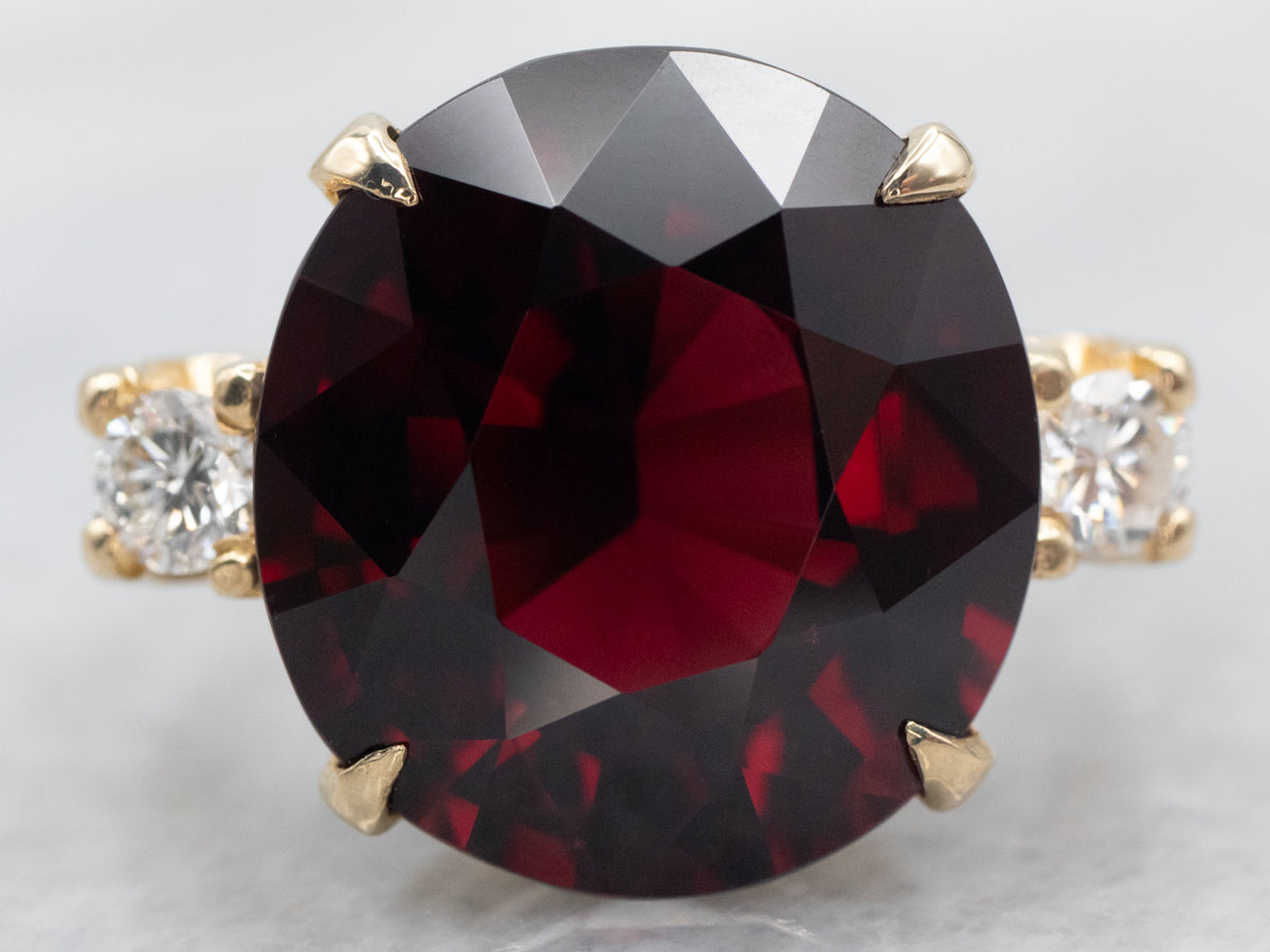 Pyrope Garnet and Diamond Three Stone Ring