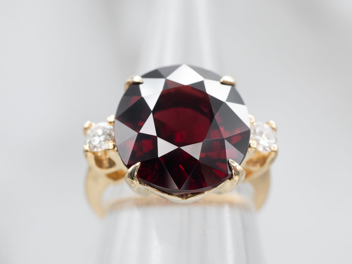 Pyrope Garnet and Diamond Three Stone Ring